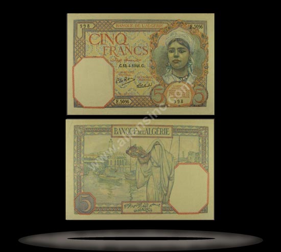 Algeria Banknote, 5 Francs, 10.3.1941, P#77b MAIN