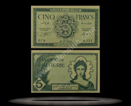 Algeria Banknote, 5 Francs, 16.11.1942, P#91 MAIN
