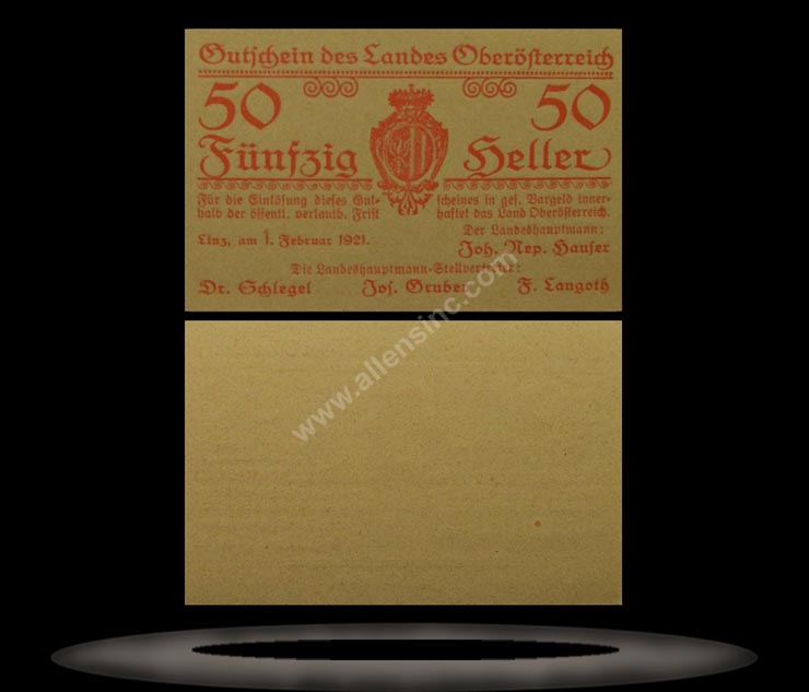 Upper Austria Banknote, 50 Heller, 1.2.1921, P#121 MAIN