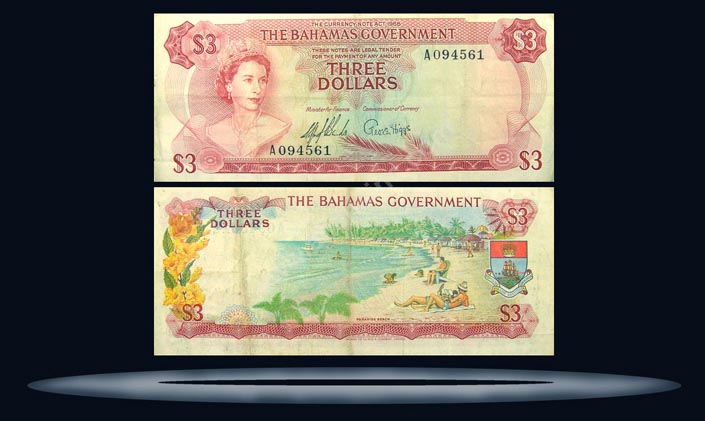Bahamas Banknote, 3 Dollars, 1965, P#19a MAIN