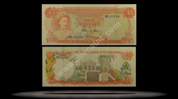 Bahamas Banknote, 5 Dollars, 1974, P#37b MAIN