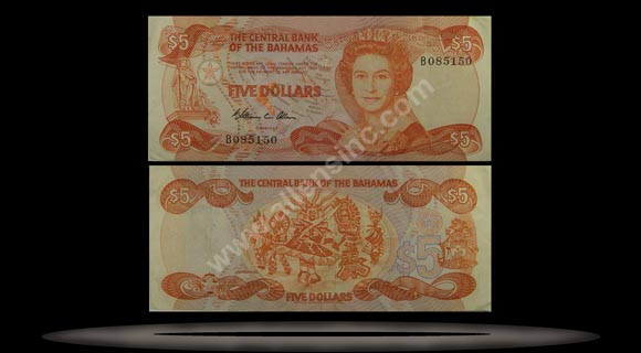 Bahamas Banknote, 5 Dollars, L.1974 (1984), P#45b MAIN
