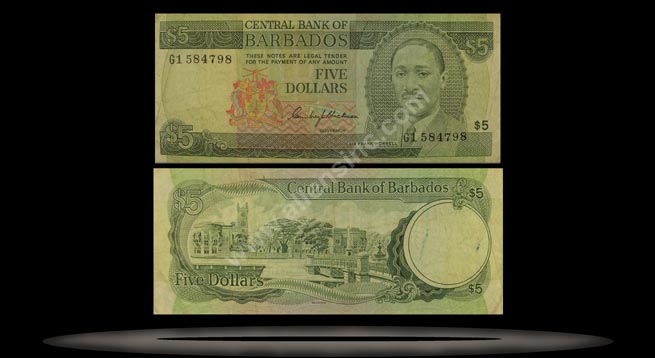 Barbados Banknote, 5 Dollars, ND (1975), P#32a MAIN