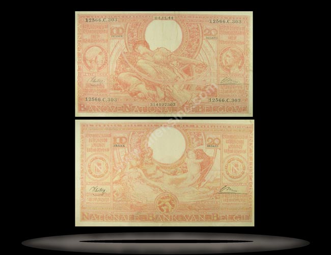 Belgium Banknote, 100 Francs/20 Belgas, 4.11.1944, P#113 MAIN