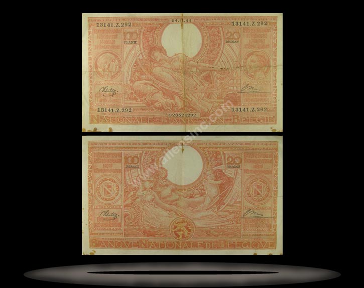 Belgium Banknote, 100 Francs/20 Belgas, 4.11.1944, P#114 MAIN
