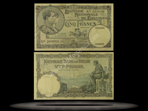 Belgium Banknote, 5 Francs, 13.11.1929, P#97b MAIN