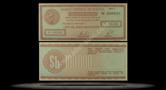 Bolivia Banknote, 100,000 Pesos Bolivianos, 21.12.1984, P#188 MAIN