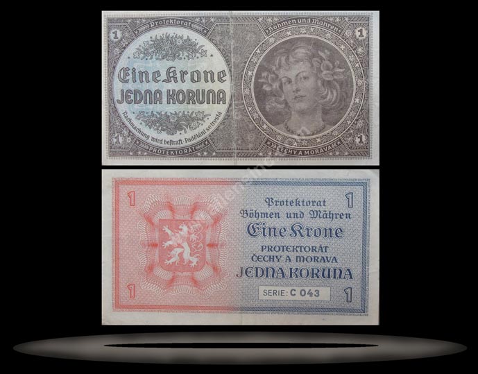 Bohemia & Moravia Banknote, 1 Koruna, ND (1940), P#3a MAIN