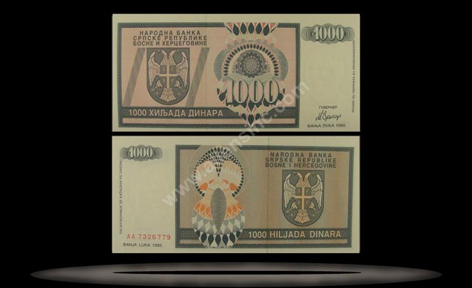 Bosnia-Herzegovina Banknote, 1000 Dinara, 1992, P#137a MAIN