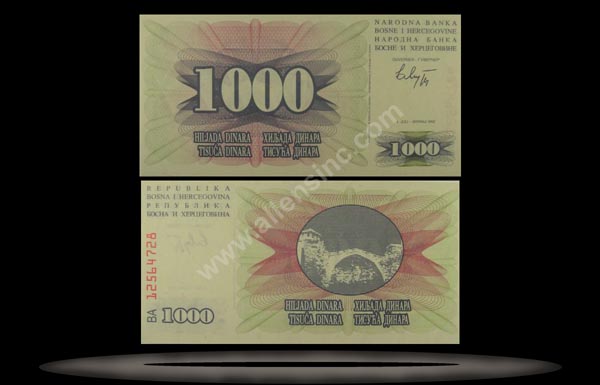 Bosnia-Herzegovina Banknote, 1000 Dinara, 1.7.1992, P#15a MAIN