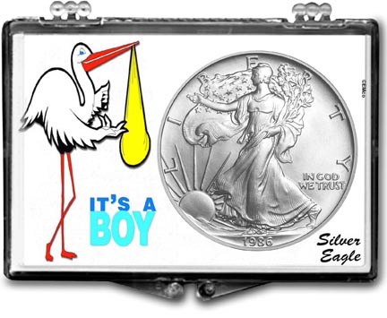 1986 It's A Boy, Stork Motif, American Silver Eagle Gift Display LARGE