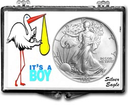 1986 It's A Boy, Stork Motif, American Silver Eagle Gift Display THUMBNAIL