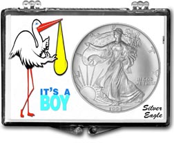 1994 It's A Boy, Stork Motif, American Silver Eagle Gift Display THUMBNAIL