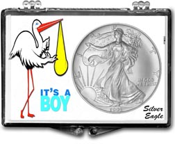 1995 It's A Boy, Stork Motif, American Silver Eagle Gift Display THUMBNAIL