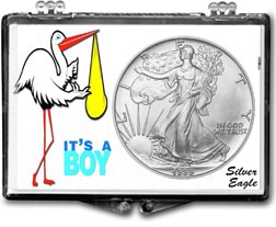 1999 It's A Boy, Stork Motif, American Silver Eagle Gift Display THUMBNAIL