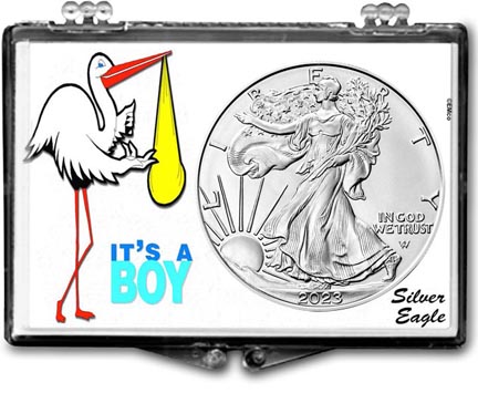 It's A Boy, Stork Motif, American Silver Eagle Gift Display LARGE