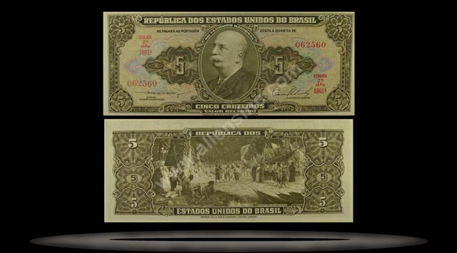 Brazil Banknote, 5 Cruzeiros, ND (1953-59), P#158d MAIN