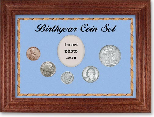 1934 Birth Year Coin Gift Set with a blue background and cherry frame LARGE