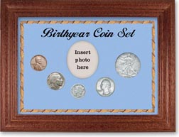 1934 Birth Year Coin Gift Set with a blue background and cherry frame THUMBNAIL