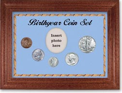 1942 Birth Year Coin Gift Set with a blue background and cherry frame THUMBNAIL