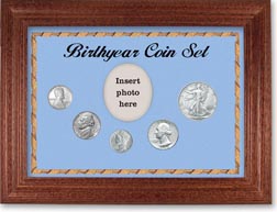 1943 Birth Year Coin Gift Set with a blue background and cherry frame THUMBNAIL