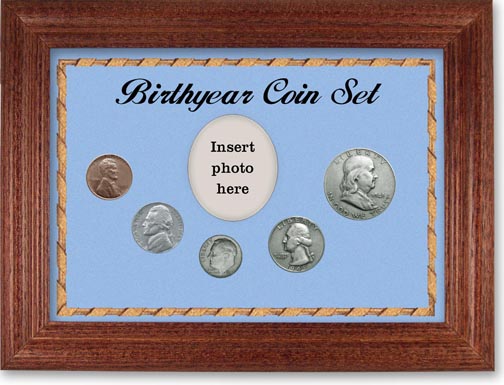 1949 Birth Year Coin Gift Set with a blue background and cherry frame MAIN