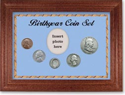 1949 Birth Year Coin Gift Set with a blue background and cherry frame THUMBNAIL