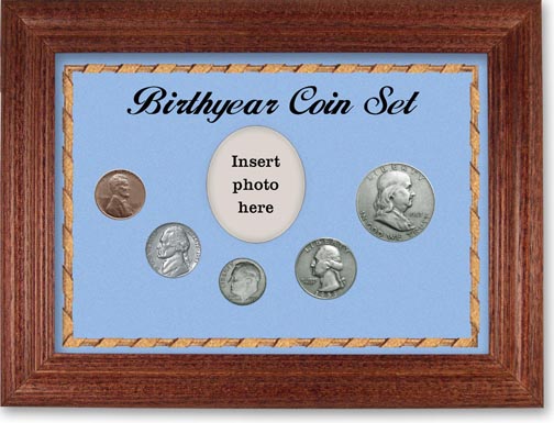 1953 Birth Year Coin Gift Set with a blue background and cherry frame LARGE