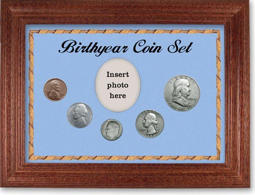 1954 Birth Year Coin Gift Set with a blue background and cherry frame MAIN
