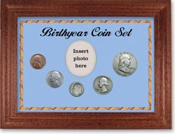 1954 Birth Year Coin Gift Set with a blue background and cherry frame THUMBNAIL