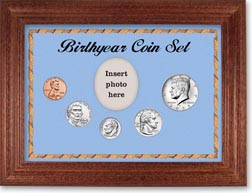 Birth Year Coin Gift Set with a blue background and dark oak frame THUMBNAIL