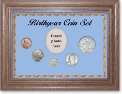 1934 Birth Year Coin Gift Set with a blue background and dark oak frame THUMBNAIL