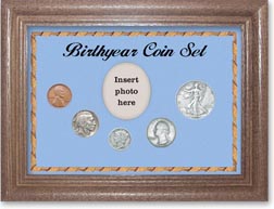 1935 Birth Year Coin Gift Set with a blue background and dark oak frame THUMBNAIL