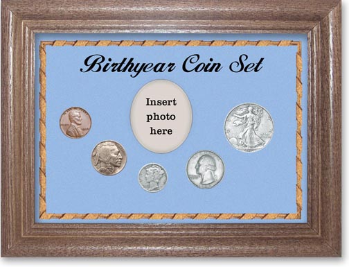 1936 Birth Year Coin Gift Set with a blue background and dark oak frame MAIN