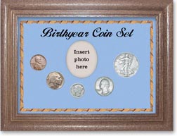 1936 Birth Year Coin Gift Set with a blue background and dark oak frame THUMBNAIL