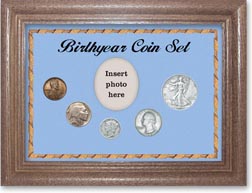 1937 Birth Year Coin Gift Set with a blue background and dark oak frame THUMBNAIL