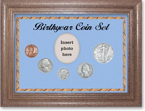 1938 Birth Year Coin Gift Set with a blue background and dark oak frame LARGE