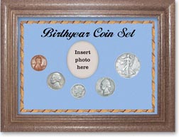 1938 Birth Year Coin Gift Set with a blue background and dark oak frame THUMBNAIL