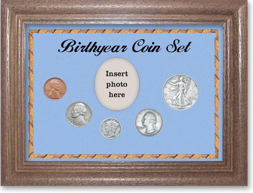 1939 Birth Year Coin Gift Set with a blue background and dark oak frame LARGE