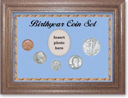 1939 Birth Year Coin Gift Set with a blue background and dark oak frame THUMBNAIL