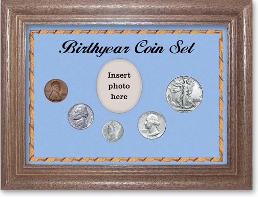 1942 Birth Year Coin Gift Set with a blue background and dark oak frame LARGE