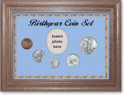 1942 Birth Year Coin Gift Set with a blue background and dark oak frame THUMBNAIL