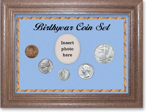 1944 Birth Year Coin Gift Set with a blue background and dark oak frame MAIN