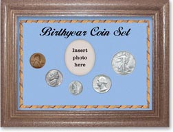 1944 Birth Year Coin Gift Set with a blue background and dark oak frame THUMBNAIL