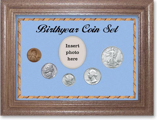 1945 Birth Year Coin Gift Set with a blue background and dark oak frame MAIN