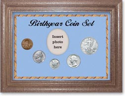 1945 Birth Year Coin Gift Set with a blue background and dark oak frame THUMBNAIL