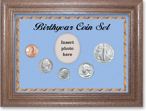 1947 Birth Year Coin Gift Set with a blue background and dark oak frame LARGE