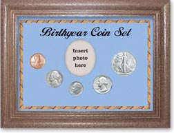 1947 Birth Year Coin Gift Set with a blue background and dark oak frame THUMBNAIL