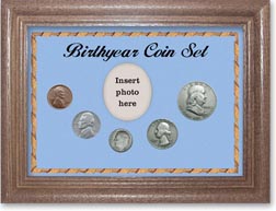 1949 Birth Year Coin Gift Set with a blue background and dark oak frame THUMBNAIL