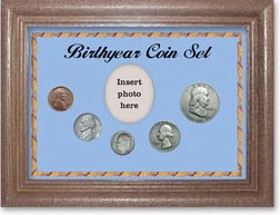 1953 Birth Year Coin Gift Set with a blue background and dark oak frame THUMBNAIL